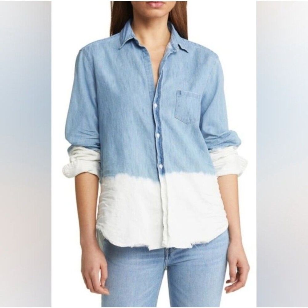 Frank & Eileen Luke Dip Dye Button Down Top Beachy Coastal Casual Boyfriend
